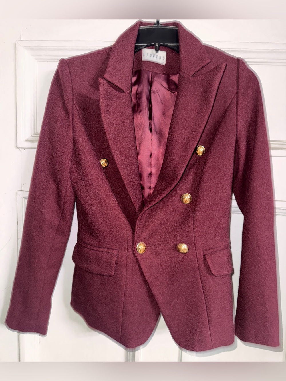 Lioness Double-Breasted Burgundy Blazer with Gold Buttons